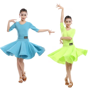 Merginos Žalia Mėlyna lotynų šokių suknelė Vaikų Šokių Salsa Šokių drabužiai Komplektus Vaikų Šalis Scenoje vilkėti kostiumai ilgomis rankovėmis