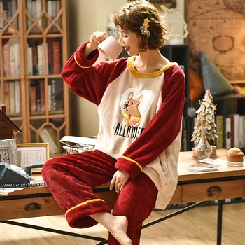 2020 Naujas Flanelė Animacinių filmų Sleepwear Nustatyti Rudens Žiemos Moterų Pižama Storas Šiltas Homewear Mielas Nightclothes Pižamos