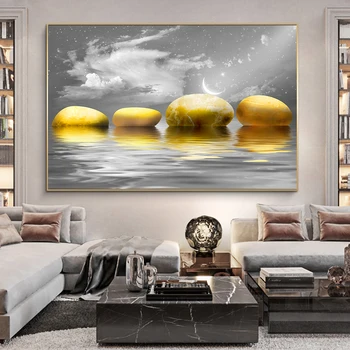 Modernus Minimalistinis Kraštovaizdžio Spaudinius Ežero ir Akmenys, Plakatas Aukso Akmens Sienos Menas Nuotraukas Kambarį Namų Dekoro (be Rėmelio)