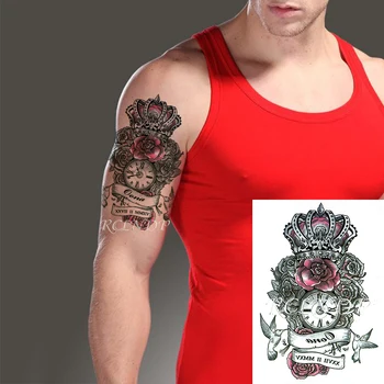 Atsparus vandeniui Laikina Tatuiruotė Lipdukas Karūna Pink Rose Romų Skaičius Laikrodis Paukščių Netikrą Tatto 