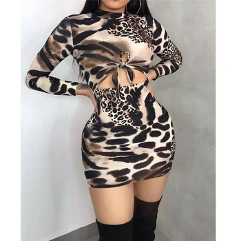 Moterų Suknelė Naujas Leopard Tvarstis ilgomis Rankovėmis Vakare Šalies Klubas Bodycon Suknelė Ponios Suknelės, Moteriški Drabužiai, Mini Suknelės