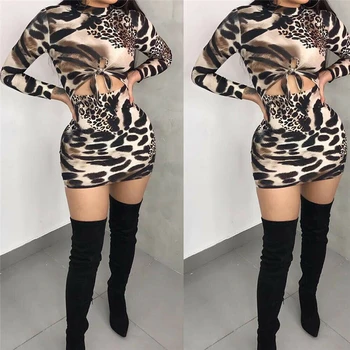 Moterų Suknelė Naujas Leopard Tvarstis ilgomis Rankovėmis Vakare Šalies Klubas Bodycon Suknelė Ponios Suknelės, Moteriški Drabužiai, Mini Suknelės