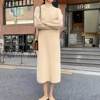 Korėjos Moterys Knitt Megztinis Suknelė vientisas Derliaus Slim Suknelės Žiemos 2020 Moterų Nauja Laisvas Megztinis, Megzti Suknelę Midi Suknelė