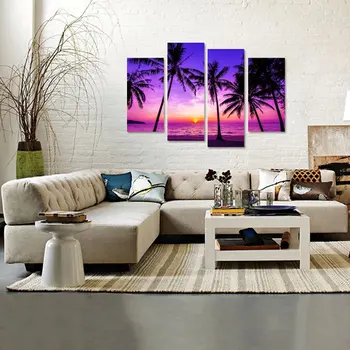 4 Skydelis Atogrąžų Palmių Raudonos Saulėlydžio Ocean Beach Gamtos Sienos Menas Spausdinti Nuotrauką Drobė Meno kūrinius Kambarį Namų Dekoro