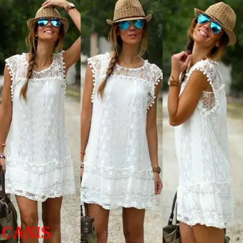 Moterų Mini Suknelė Vasaros Mergaitės Saldus Nėrinių Balta Suknelė Elegantiškas Mados Rankovių Beach Trumpas Sundress Drabužius