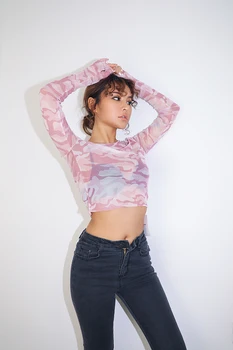 Geriausiai parduodamų Produktų 2018 m Sexy Perspektyvos Kamufliažas Akių Siūlų Apvali apykaklė ilgomis rankovėmis T-shirt Girls Trumpas, Plonas, T-shirt