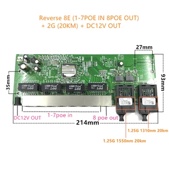 Atvirkštinio POE 10/100/1000M Gigabit Ethernet switch Ethernet Optinio Pluošto Vieną rūšį 8 RJ45 UTP IR 2 PK pluošto Uosto Valdybos SFP3KM/20KM