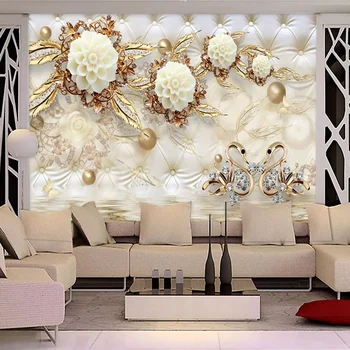 Custom Foto Tapetai, 3D Freska Sienos popieriaus, Lipduko 3d Prabanga Aukso Balta Gėlė Minkštas Krepšys Pasaulyje Papuošalai TV Foną, Sienos Medžiaga
