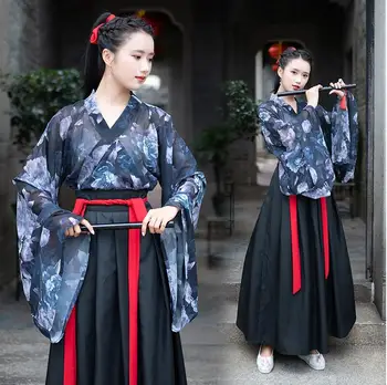 Mėlyna Kinijos tradicinės Jin Wei stiliaus Hanfu moterų spausdinti didelio rankovės Japonų stiliaus studentų cosplay liaudies veiklos apranga