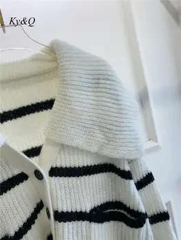 2020 M. Rudenį Markės Dizaino Naujos V-Kaklo, Dryžuotas Megztinis Švarkas Moterims Megztiniai Prarasti Trumpas Didelis Atvartas Megztinis