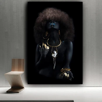 Purus Plaukai Afrikos juodaodžių Moterų Golden Finger Naftos Tapyba ant Drobės Cuadros Plakatai ir Spausdina Sienos Nuotrauka už Kambarį