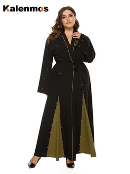 KALENMOS plius dydis Musulmonų abaja Moterų suknelė Duobute arabų Nėriniai-up Ilgas Chalatas, Turkijos Islamo Drabužių Tvarstis Maroko Kaftan