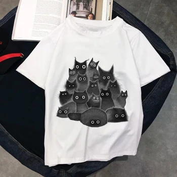 T-marškinėliai Moterims Animacinių filmų Katės trumpomis Rankovėmis Mielas Pavasario Vasaros Mados Drabužių Grafinis T Marškinėlius Viršuje Lady Spausdinti Moterų Tee Marškinėliai