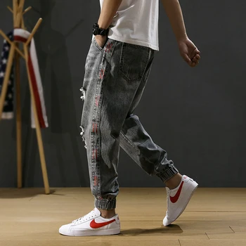 2021 Naujas Mados Vyrai Džinsai Juostele Dizaineris Palaidi Tinka Sunaikinta Kankina Haremas Džinsai Vyrams Krovinių Kelnės Streetwear Hip-Hop Džinsai