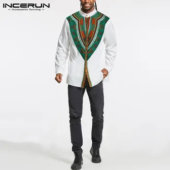 INCERUN Etninės Atspausdinta Marškinėliai Mens Stovėti Apykaklės Camisa Vyrai ilgomis Rankovėmis Mygtuką Chemise Atsitiktinis Afrikos Drabužių Streetwear S-3XL