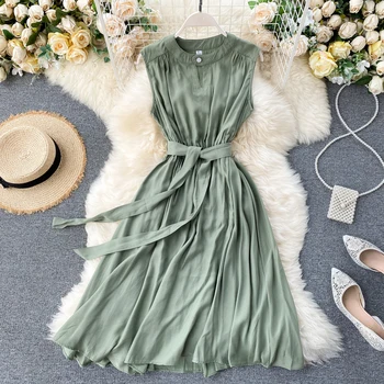 Vasaros Kietas Atsitiktinis Suknelė Moterims, Elegantiška Berankovė Apvalios Kaklo Varčias Suknelės Derliaus 2021 Naujas Mados Žalia Suknelė