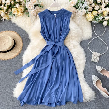Vasaros Kietas Atsitiktinis Suknelė Moterims, Elegantiška Berankovė Apvalios Kaklo Varčias Suknelės Derliaus 2021 Naujas Mados Žalia Suknelė