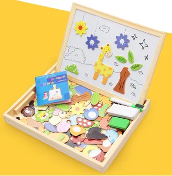 Dvigubus šonus, Magnetinės Dėlionės + Braižymo lentos Medinės Montessori Ugdymo Toys100pcs Magnetiniai Gyvūnų Dėlionių, Piešimo Užimtas Valdyba