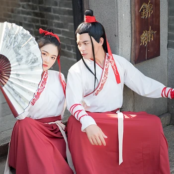 Naujas Kinų Stiliaus Tradicinių Porų Suknelė Senovės Liaudies Šokių Etapo Rezultatus Kostiumai Moterims/Vyrams Balta Ir Raudona Hanfu VO339