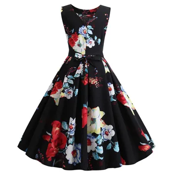 2019 m. Vasarą Vintage Suknelė Gėlių Spausdinti Linijos, O Kaklo 1950-ųjų Stiliaus Rankovių Retro Swing Suknelės Elegantiškas Šalis Suknelė Skraiste Femme