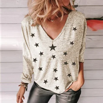 Žvaigždžių Print Long Sleeve T-shirt Moterims, Atsitiktinis Moterų Viršūnių Pavasario Rudens Tee Marškinėliai Moterims Drabužius, Plius Dydis S-5XL