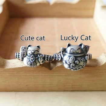 Sidabro pasisekė katė Kinijos retro stiliaus šaltas vėjas atidarymo reguliuojamas vyrų ir moterų pora žiedas gimtadienio dovana