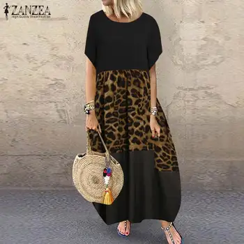 ZANZEA Vasaros Suknelė Moterims Bohemijos Leopardas Spausdinti Kratinys Sundress Plius Dydis Suknelės Derliaus Trumpas Rankovės Baggy Ilgai Vestido