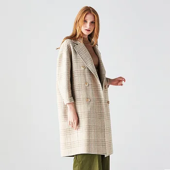 Ilgas vilnonis mišiniai kašmyro paltai moterims 2019 m. rudens žiemos laisvalaikio moteriški švarkai plius dydis paltas smėlio spalvos dvipusis pledas