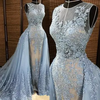 Mėlyna Vakaro suknelės 2021 Nuimamas Traukinio Šampano Prom Šalis, Chalatai Užsakymą Plius Dydis Mermaid Dress Abiti Da Cerimonia
