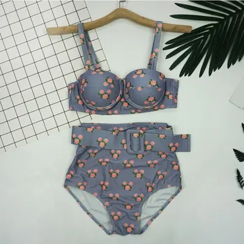 KEKAKA Derliaus Tailandas Kūdikių Rožinė Mėlyna Gėlių Spausdinti Bandeau Bikini Moterims 2018 Sexy Push Up Aukštos Juosmens, maudymosi Kostiumėliai, Maudymosi Kostiumą