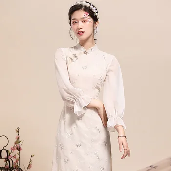 Senovinių Kinų Stiliaus Suknelė Moteris Vasarą 2020 Naujas Mados Emboridered Stovėti Apykaklės Perspektyvos Rankovėmis Slim Padalinta Bauda Suknelė