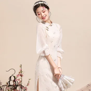 Senovinių Kinų Stiliaus Suknelė Moteris Vasarą 2020 Naujas Mados Emboridered Stovėti Apykaklės Perspektyvos Rankovėmis Slim Padalinta Bauda Suknelė