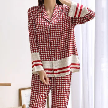 Houndstooth Pižama Nustatyti Moterų Šilkiniai Satino Sleepwear 2VNT Marškinėliai&Ziajać Porų, naktiniai drabužiai Laisvi Minkštas Miego Rinkinys ilgomis Rankovėmis Homewear