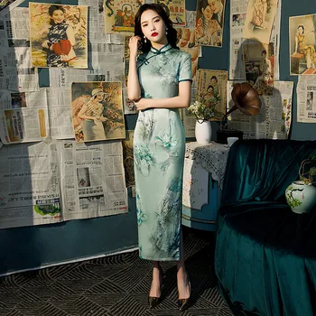 Seksualus Gėlių Spausdinti Kinų Mandarinų Apykaklės Qipao Naujovė Derliaus Cheongsam Moterų Trumpomis Rankovėmis Vakare Šalis Suknelė Vestidos