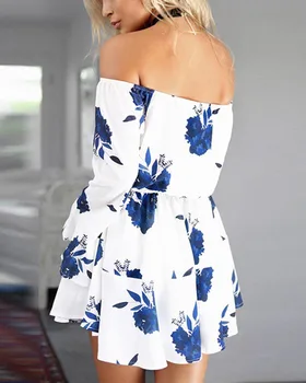 Hitmebox 2019 Naujas Mados Moterų nuo Peties Pynimas Blyksnius Rankovės Gėlių Spausdinti Stebėjimo Mielas Mini Suknelė Ponios Trumpą Suknelę