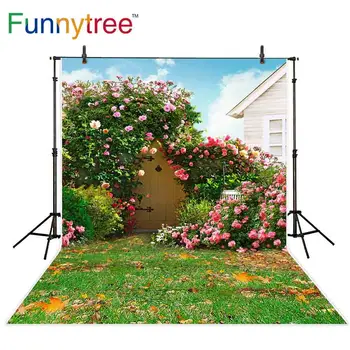Funnytree backdrops fotografijos studija gėlė pavasario žolės kieme, medienos durys, profesinę patirtį, photocall photobooth