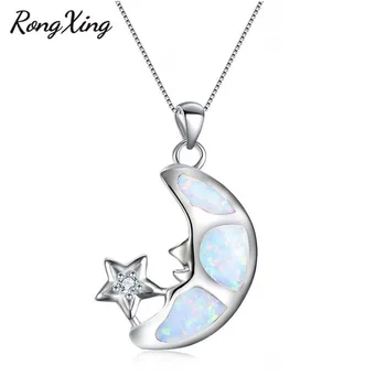 RongXing White/Blue Fire Opal Žvaigždės ir Mėnulis Pakabukas Karoliai Moterys Sidabro Spalvos Birthstone Papuošalai Dovanos NL0168