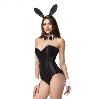 Juoda Satino ir Akių Kaulų Teddy Bunny Seksualus apatinis Trikotažas Bunny Kostiumai Cosplay Tarnaitė Deguisement Halloween Kostiumai Moterims Suaugusieji