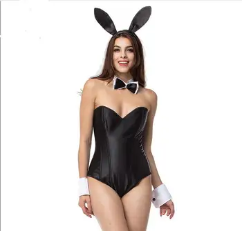 Juoda Satino ir Akių Kaulų Teddy Bunny Seksualus apatinis Trikotažas Bunny Kostiumai Cosplay Tarnaitė Deguisement Halloween Kostiumai Moterims Suaugusieji