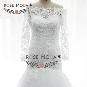 Rose Moda Valtis Kaklo, ilgomis Rankovėmis, Nėriniai Undinė Vestuvių Suknelė su Perlų Dramblio kaulo Balta Afrikos Vestuvių Suknelė Realios Nuotraukos