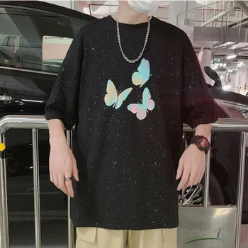 T-shirt vyrams vasaros Honkongo madingų vyriškų drabužių spinta tendencija prarasti trumparankoviai banga prekės atspindintis dizainas laukinių pusė rankovėmis viršų