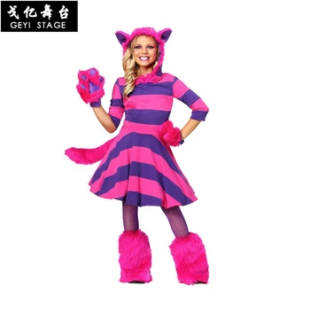 Alisa Stebuklų šalyje Kostiumas Cheshire Cat Cosplay Suknelė Suaugusiems Vaikams Helovinas kostiumas Išgalvotas Šalis Atitiktų Tėvų ir vaikų Drabužiai
