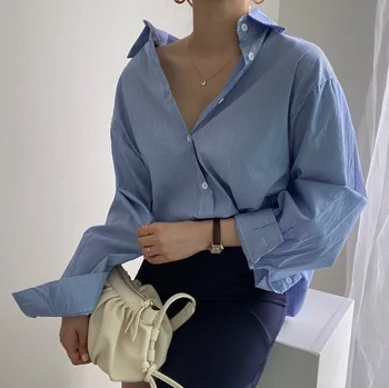 Negabaritinių Palaidinė Moterų Retro Mėlyną Ilgomis Rankovėmis Marškinėliai Office Lady Elegantiška Palaidinė Prašmatnus Rudenį 2020 M., Moterų Topai Maxi