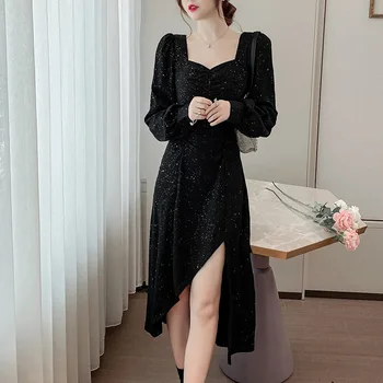 2020 M. Prancūzijos Šviesą Rudenį, Pavasarį Moterų Suknelė Midi Juodas Megztinis Temperamentas Ilgomis Rankovėmis Mados Ritininės Moteriška Suknelė Elegantiškas Silm
