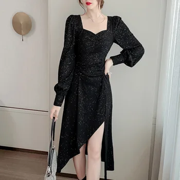 2020 M. Prancūzijos Šviesą Rudenį, Pavasarį Moterų Suknelė Midi Juodas Megztinis Temperamentas Ilgomis Rankovėmis Mados Ritininės Moteriška Suknelė Elegantiškas Silm