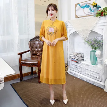 2020 Yellowe Siuvinėjimo Cheongsam Vasaros Suknelė Kinija Qipao Atsitiktinis Rytų Stiliaus Suknelės, Plius Dydis Moterų Drabužiai Ilgai Qi Pao