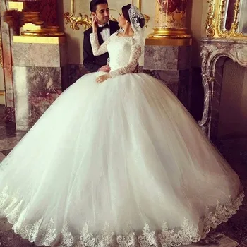 Chalatas de mariage Kamuolys Suknelė Vestuvių Suknelės 2021 Puošnios Nėrinių Aplikacijos Balta ilgomis Rankovėmis Nuotakos vestuvių Suknelės