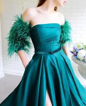 PEORCHID 2020 Smaragdas Žalia Ilgų Plunksnų Promenadzie Suknelė Su Rankovėmis Dubajus Elegantiškas Satino Ritininės Seksuali Moteris Gala Suknelė Vakare Chalatai