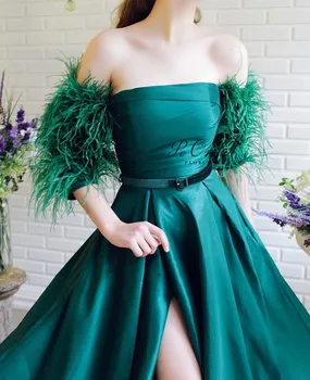 PEORCHID 2020 Smaragdas Žalia Ilgų Plunksnų Promenadzie Suknelė Su Rankovėmis Dubajus Elegantiškas Satino Ritininės Seksuali Moteris Gala Suknelė Vakare Chalatai