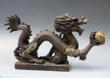 Kinija bronzos gild skulptūra nulipdyta bauda vario Feng Shui dragon žaisti granulių Statula